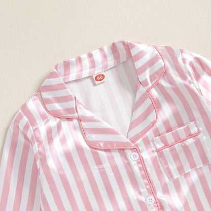 Kid Girls Boys Fall Pajamas Set Stripe Print Long Sleeve Shirts Tops Long Pants Satin 2 Pieces Lounge Suit Sleepwear