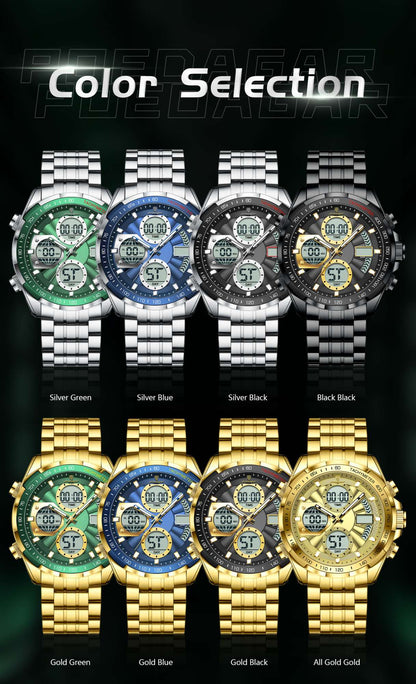 POEDAGAR Top Man Clock Waterproof Electronic LED Luxury Men's Watches Dual Time Display Digital Stainless Steel Men Quartz Watch