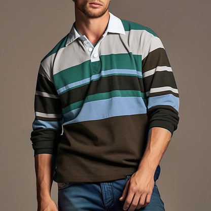 Men's Long Sleeve Polo Shirt 3D Stripes Print Pullover Autumn Business Casual Turn-down Collar Buttoned Oversized Mens Clothing