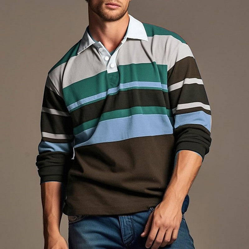 Men's Long Sleeve Polo Shirt 3D Stripes Print Pullover Autumn Business Casual Turn-down Collar Buttoned Oversized Mens Clothing