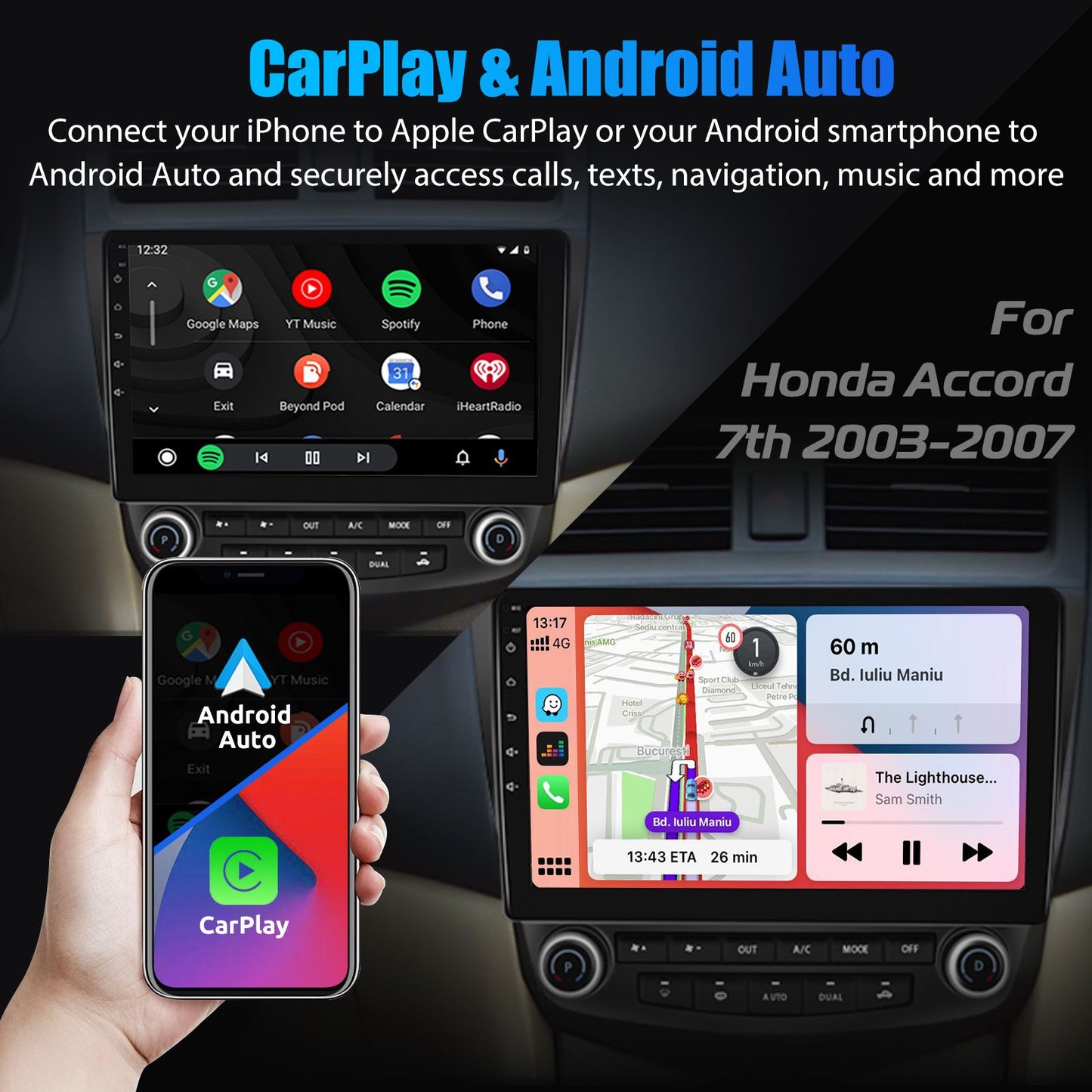 4+64G 10.1" For Honda Accord 7 2003-2007 Android 14 Car Stereo Radio GPS Navi Apple CarPlay WiFi BT Head Unit IPS Touch Screen