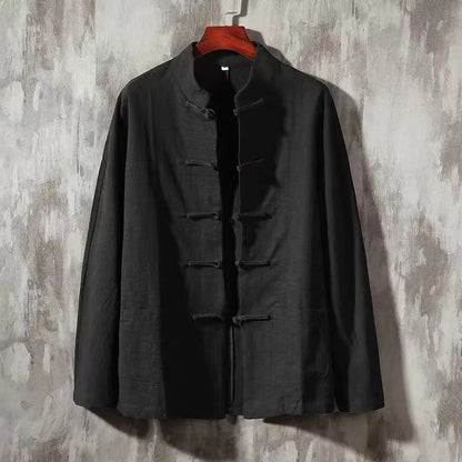 XXXXXL Plus Size Men Cotton Linen Shier Autumn Spring Men Collarless Long Sleeve Frog Button Loose Blouse Tops Oversized M-5XL