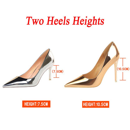 Women Mteallic Bronze Leather Pumps 7.5cm 10.5cm High Heels Lady Stiletto Middle Heels Wedding Bridal Gold Silver Event Shoes