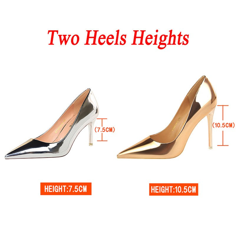 Women Mteallic Bronze Leather Pumps 7.5cm 10.5cm High Heels Lady Stiletto Middle Heels Wedding Bridal Gold Silver Event Shoes