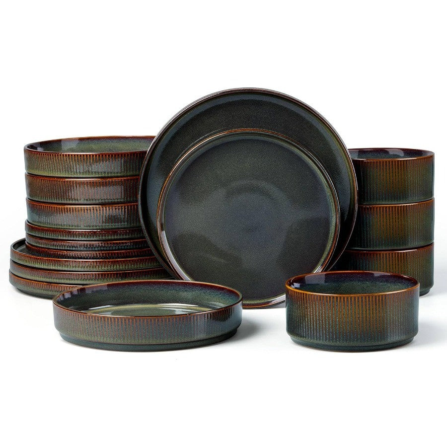 Dinnerware Sets with Pasta Bowls 16 Piece Plates and Bowls Set for 4 Ribbed Stoneware Dishes Set for Kitchen Dining Microwave a