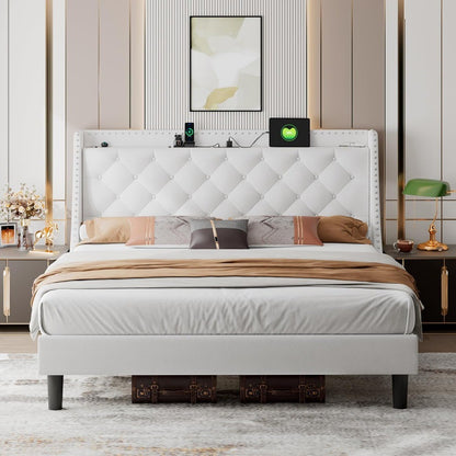 iPormis Velvet King Bed Frame with 16" Comfort Wingback & USB & Charging Station, Upholstered Platform Bed with Button Tufted St