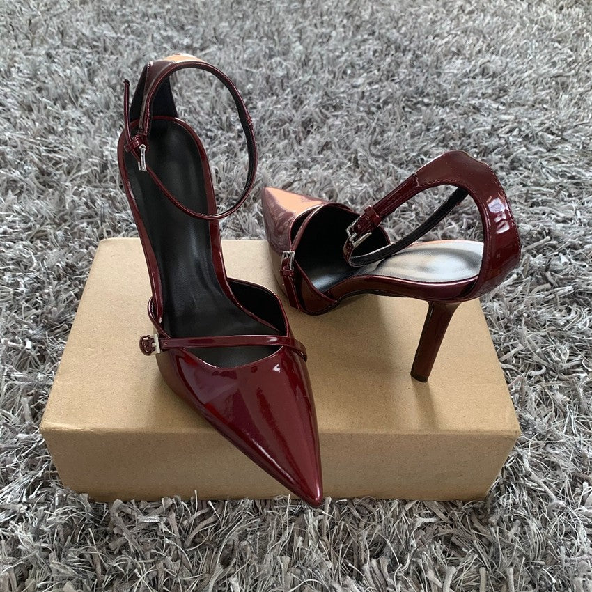 Sexy Pointed Toe High Heel Women Shoes Elegant Ankle Strap Patent Leather Stilettos Luxury Prom Weddings Bridal Pumps for Ladies