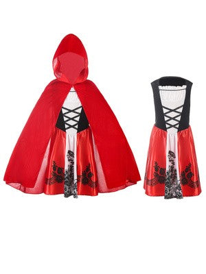 Kids Velvet Hood Cloak with Black Lace Corset Print Fairytale Outfit