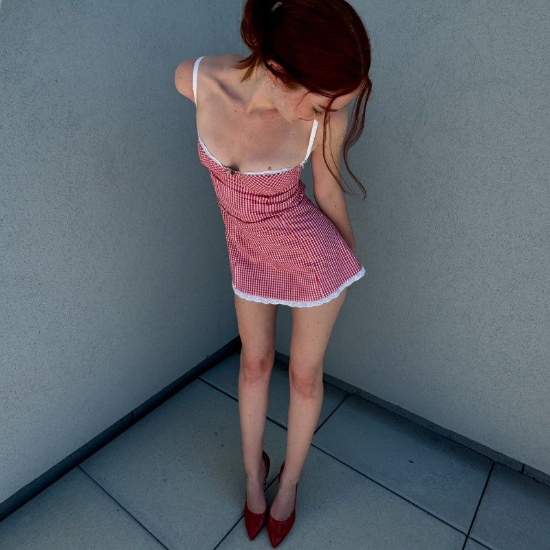 WhereMery Plaid Y2K Lace Vintage Spaghetti Strap Mini Dresses Backless Aesthetic