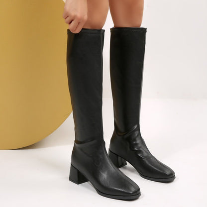 Winter Women Knee High Boots Cosy Soft Leather Thick Heel Shoes Female Vintage Slim Long Booties Zapatos De Muje