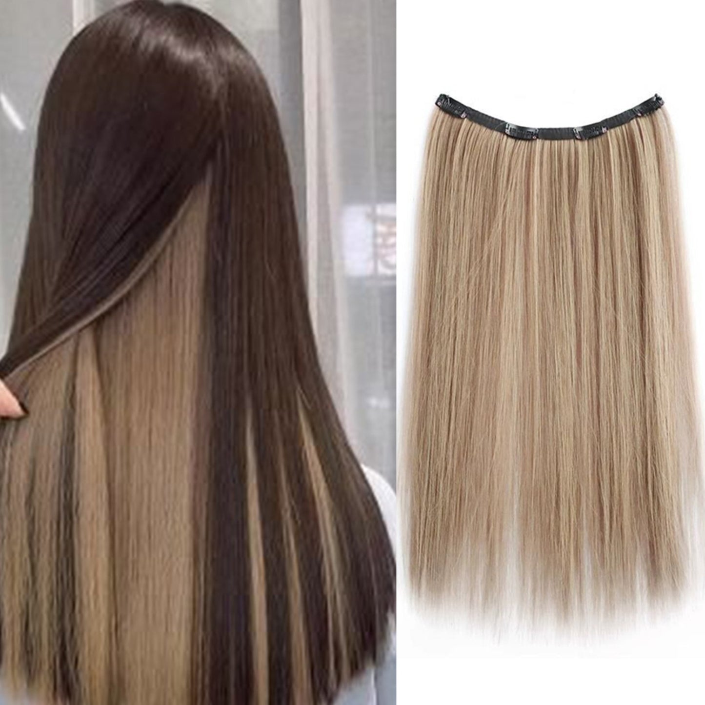 Extensão de Cabelo Sintético Liso Com Clip, Peça Única, 4 Clips, Camada Interna Escondida, Cor de Cabelo, Peruca de Cor