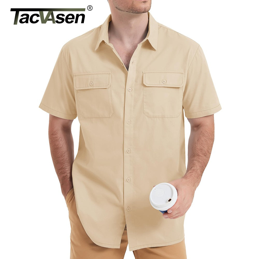 TACVASEN Quick Dry Short Sleeve Shirts Mens Casual Button Up Cargo Shirt Summer Hiking Fishing Trekking Work Shirts Outdoor Male