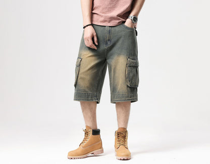 ABOORUN Mens Plus Size Loose Baggy Denim Shorts Fashion Streetwear Hip Hop Skateboard Cargo Jeans Short for Male R1402