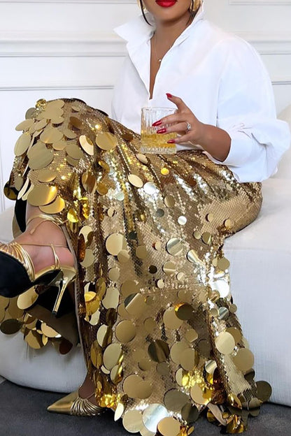 Plus Size Women Formal Skirts Elegant Gold Silver Long Sequin Party Club Evening High Waist Skirts Female Casual Cocktail Skirts