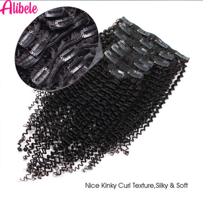 Alibele 4B 4C Afro Kinky Culy Clips In Human Hair Extensions Cabelo Remy Brasileiro com Clipes de 120g, 8 Peças/Conjunto, 25-71 cm para Mulheres