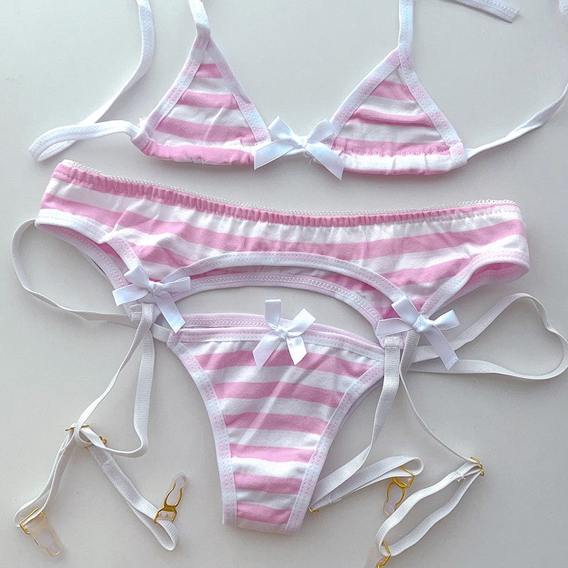 2025 Striped Halter Micro Bikini Set Lolita Kawaii Swimsuit Backless String Tied Bathing Suit