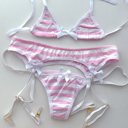 2025 Striped Halter Micro Bikini Set Lolita Kawaii Swimsuit Backless String Tied Bathing Suit