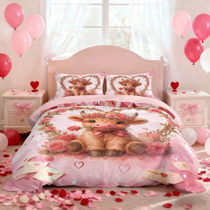 3pcs Pink Romantic Valentine's Day Highland Cow Print Coreless Bedding Set Multi Size Bedding Decoration Machine Washable