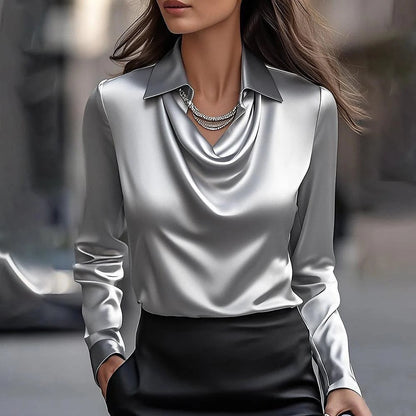 Satin Women's Shirt Retro Long Sleeved Spring Autumn New Style Solid Color Simple Swing Collar Shirt Collar Women's Top