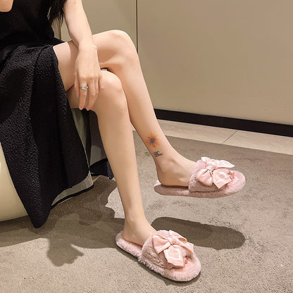 Casual Fluffy Slippers Women House Flats Fashion Winter Bowknot Love Designer Shoes Ladies Home Plush Platform Elegant Footwear