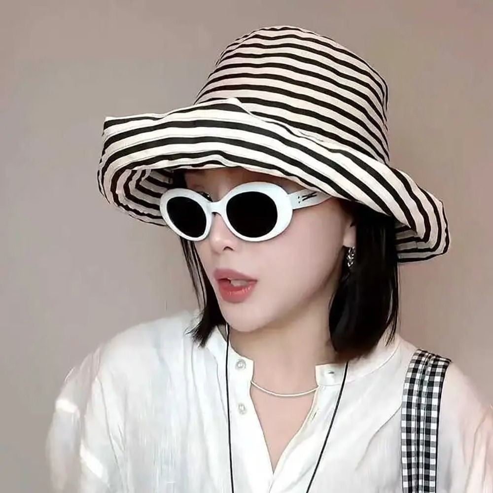 1Pcs Durable Sunproof Striped Bucket Hat Foldable Retro Summer Hat Big Head Circumference Fashion Sunscreen Basin Hat Women