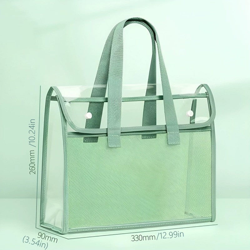 Clear Tote File Bag - Waterproof, Large Capacity, for School, Office, Travel, Document Organizer, Hand Carry Handle (Tran