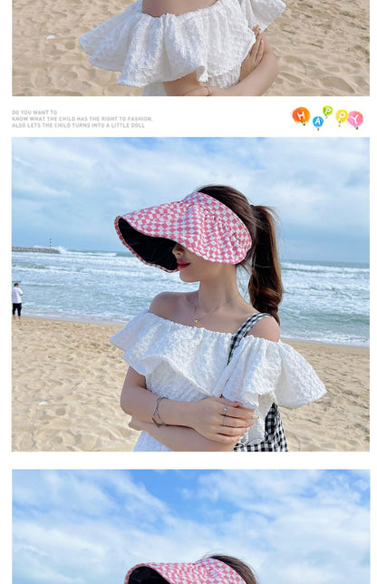 Chapéu gradiente xadrez Chapéu de verão feminino Chapéu vazio Viseira de sol Chapéu de sol de verão com aba larga Chapéu de proteção UV para mulheres Chapéu de praia