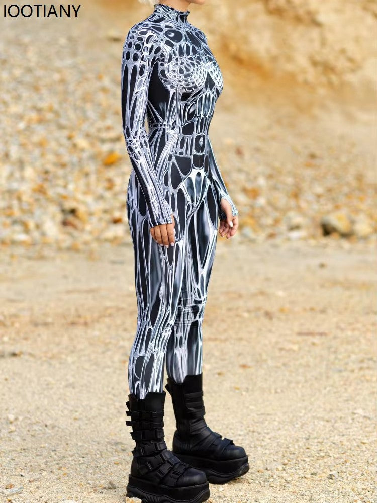 Unisex Sexy Black White Graphic Print Jumpsuit Halloween Line Art Muscle Cosplay Bodysuit Holiday Party Zentai Suit Rave Catsuit