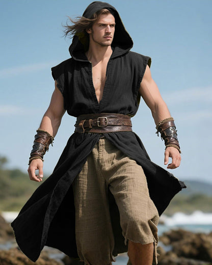 Men's Medieval Hooded Surcoat Renaissance Tabard Sleeveless Tunic Cloak Viking Costume Holloween Assassin Cosplay