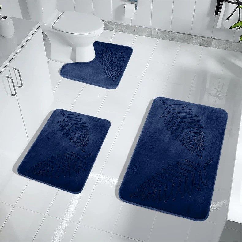 Conjunto de 3 Peças de Tapetes de Banheiro em Espuma de Memória, Ultramacios e Absorventes, com Estampa de Folhas, Tapetes de Banho Grossos e Laváveis Para Vaso Sanitário e Banheira