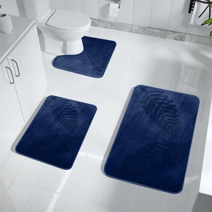 Conjunto de 3 Peças de Tapetes de Banheiro em Espuma de Memória, Ultramacios e Absorventes, com Estampa de Folhas, Tapetes de Banho Grossos e Laváveis Para Vaso Sanitário e Banheira