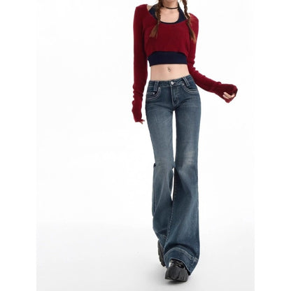 Vintage American-style hot girl low-waisted flare pants micro-flare jeans women's slim-fitting elastic Y2K casual wide-leg jeans