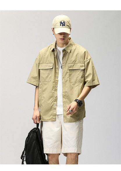 Summer Japanese Cargo Short Sleeve Shirt Men's Pockets Button Turn-down Collar Shirts Fashion Casual Cardigan blouses Tops