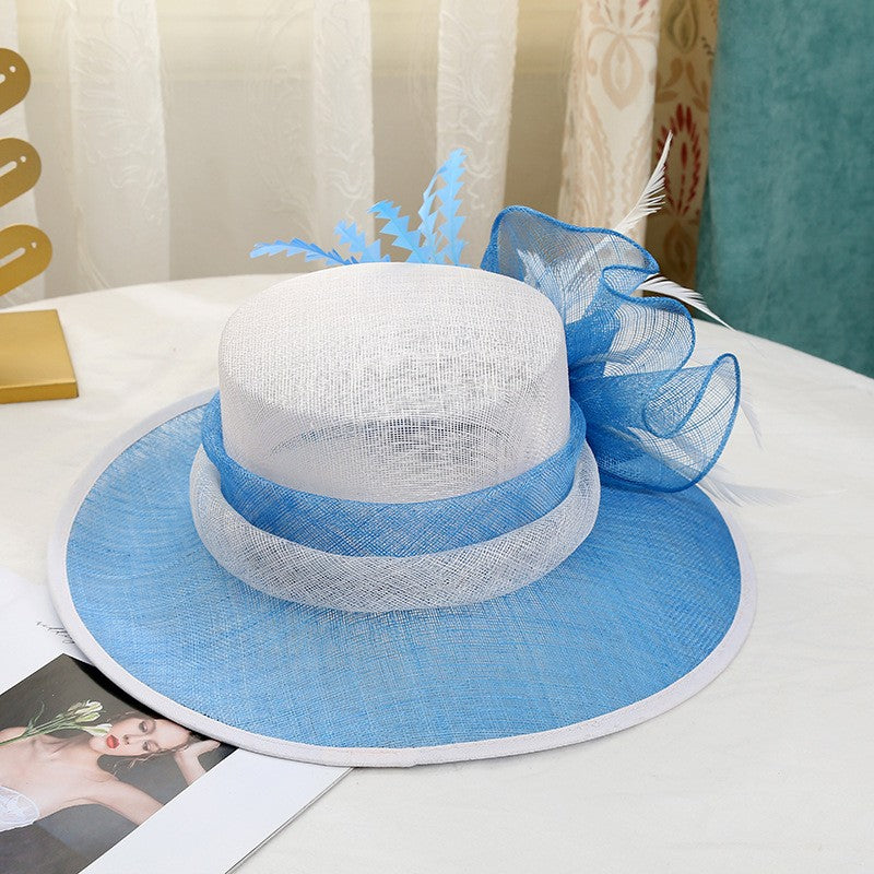 Chapéu de sol de aba grande com design de padrão de fio de cânhamo duplo, acessórios de pena, elegante chapéu de banquete, chapéu de praia para casamento ou férias, chapéu equestre