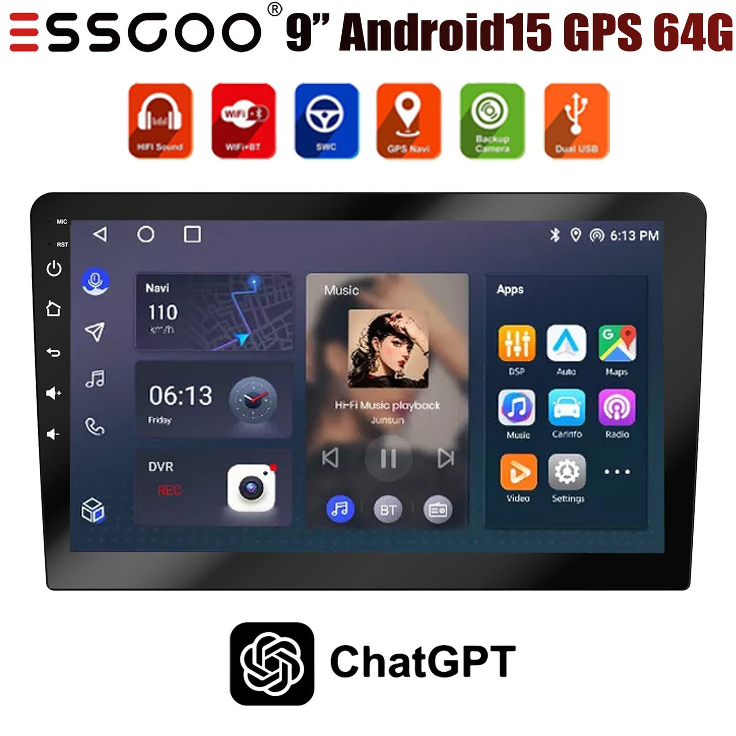Rádio Estéreo Automotivo de 7/9/10 Polegadas Duplo 2 Din 4+64G Android 15 ChatGpt AI WIFI GPS Navegação FM/RDS Bluetooth SWC Unidade Principal+DVR&AHD