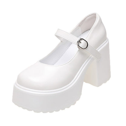 Sapatos femininos com salto plataforma grosso e alto, estilo Mary Jane, em couro PU, fivela no tornozelo, salto grosso, brancos, estilo Lolita, outono 2023