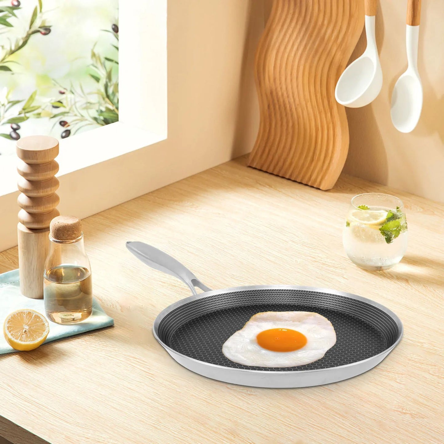 Panquequeira Antiaderente Favo de Mel Panela Dosa Alça Ergonômica de Aço Inoxidável Panela de Panqueca de Cozinha Panela de Tortilla Compatível com Indução