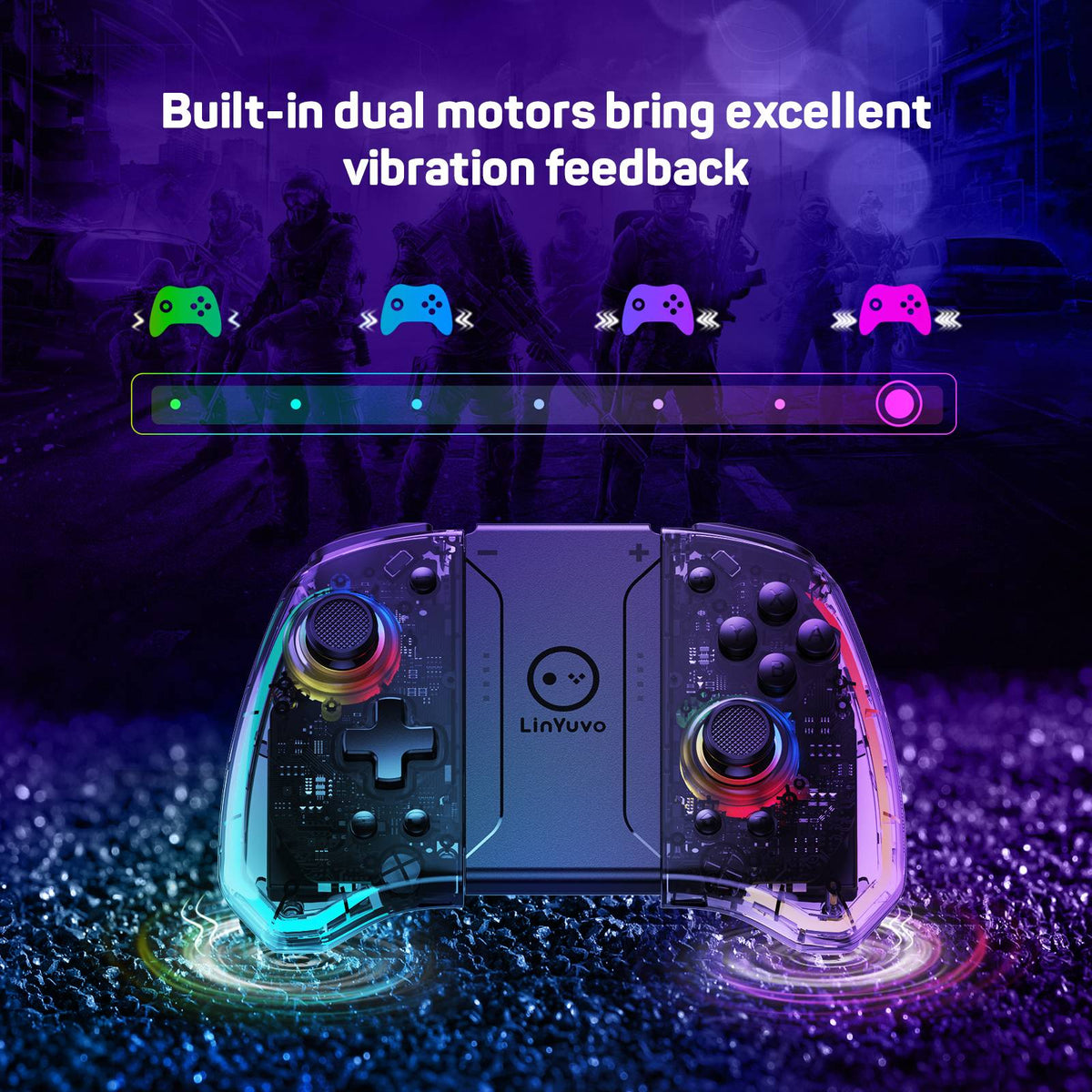 LinYuvo KS40 Transparent Wireless Gamepad for Switch/OLED with 8 Color LED,Turbo Function.Controller Joystick for Switch Lite