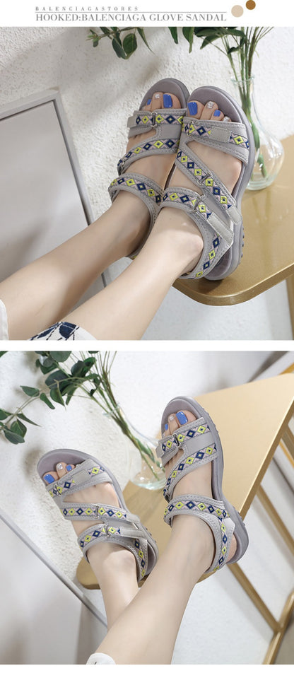 Spring And Summer Printed Velcro Comfortable Casual Beach Flat Sandals For Women's Ethnic Style Leisure Comfortable And Simple