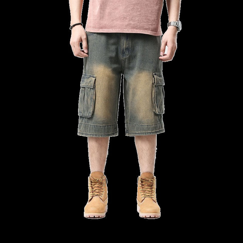 ABOORUN Mens Plus Size Loose Baggy Denim Shorts Fashion Streetwear Hip Hop Skateboard Cargo Jeans Short for Male R1402