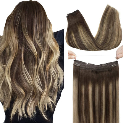 Cabelo Humano Liso de Extensão com Fio para Mega Hair, Linha de Pesca, Fusão Natural de Extensões de Cabelo com Clipes, Trama de Extensões para Mulheres