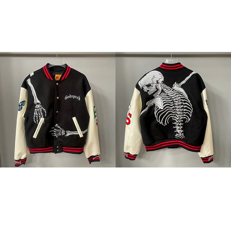 Real Photo GOD SPEED Baseball Jacket American Vintage Patchwork Leather Sleeves Unisex Embroidery Skeleton Jacket Coats