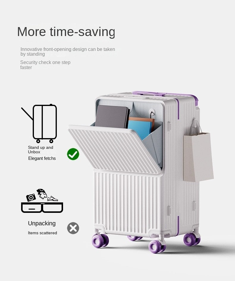 New Wide Tie Rod Luggage Front Opening Laptop Bag Multifunctional Travel Suitcases 20 inch Cabin Bag 24-30''Large Size Suitcases