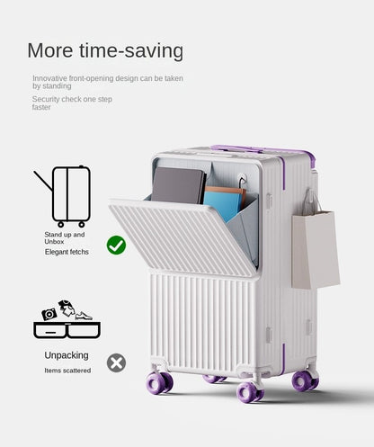 New Wide Tie Rod Luggage Front Opening Laptop Bag Multifunctional Travel Suitcases 20 inch Cabin Bag 24-30''Large Size Suitcases