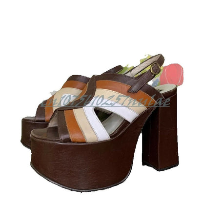 Mutilcolor Cross Tied Hollow Elegant Sandals Slingback Chunky High Heel Retro Style Women Shoes 2025 Summer Zapatos Para Mujere