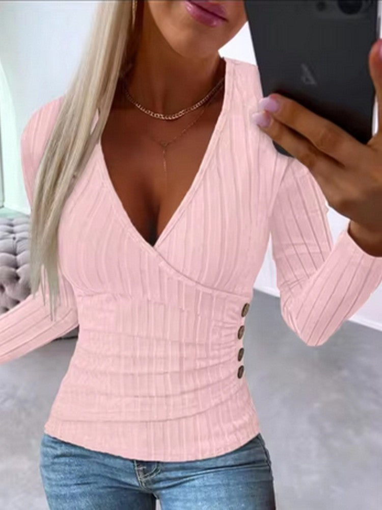 Spring Autumn Lady Button Knit Top Women Solid Color V-Neck Long Sleeve T-Shirt Sexy Top Clothes