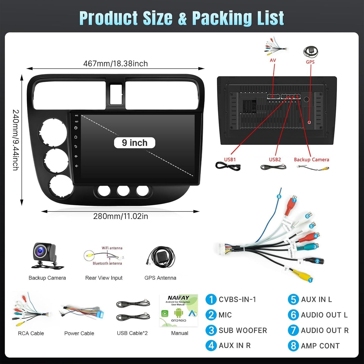9" Wireless Car Radio for Honda Civic 2001-2005 HD Touchscreen CarPlay Android Auto Car Video Player with GPS WiFi Backup Camera