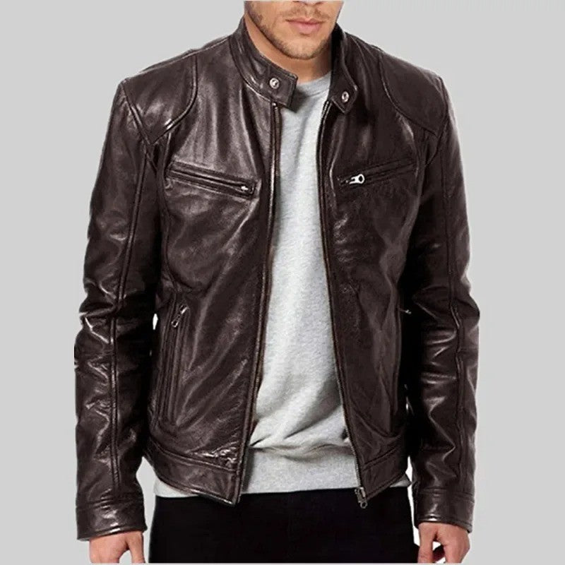 Fashionable Men's Stand Collar Slimming Leather Jacket Zipper Pocket Decorative Pu Leather Motorcycle Coat