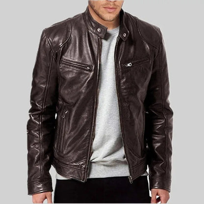Fashionable Men's Stand Collar Slimming Leather Jacket Zipper Pocket Decorative Pu Leather Motorcycle Coat