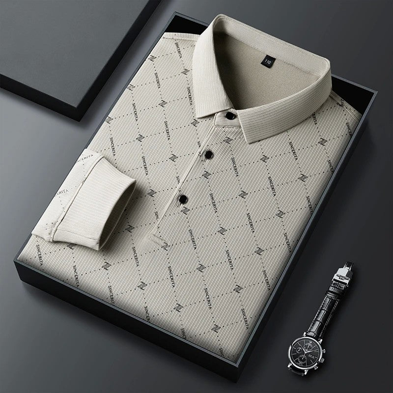 New Men's Business Casual Long Sleeved Shirt with Badge Solid Color Polo Shirt Fashionable Breathable Comfortable Versatile Top